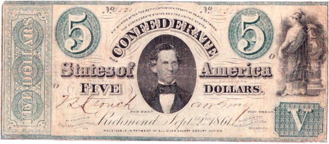 1861 Confederate States of America 5 Dollar Hand Signed T-37 Dated Septembe...